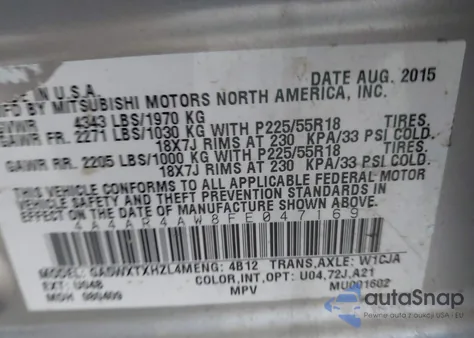 2015 Mitsubishi Outlander Sport Gt z USA, uszkodzony, nr VIN 4A4AR4AW8FE047169